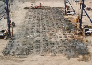 Menard Asia provided a cost-effective ground improvement solution using their Deep Soil Mixing (DSM) technology, combined with steel reinforcement to create columns with a depth of 17m to 26m.