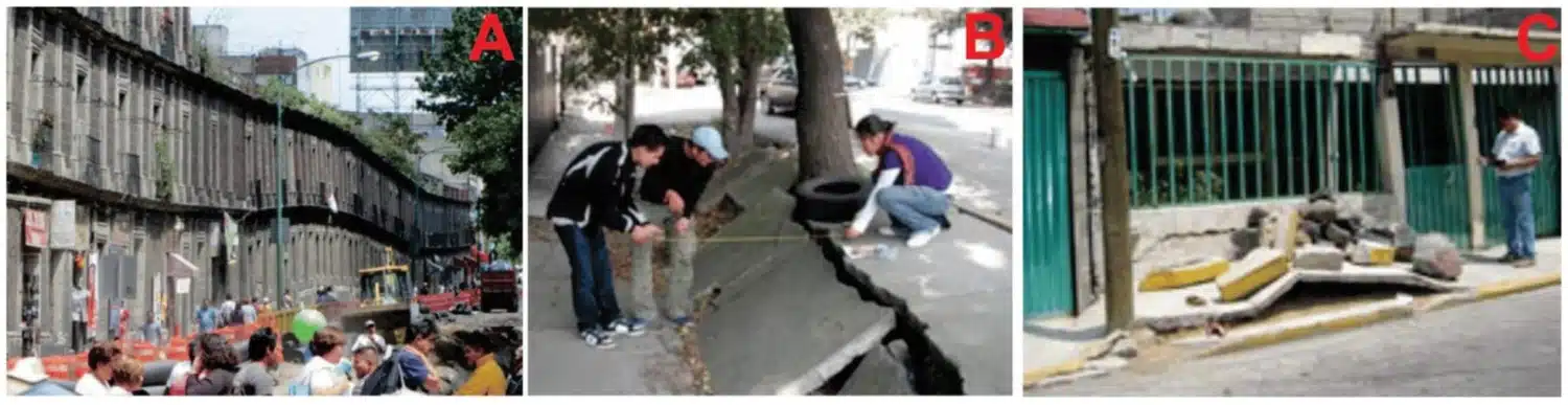 Image: Damage due to land subsidence in Mexico City. (A) Vertical differential deformation [94]. (B,C) Damage to infrastructure